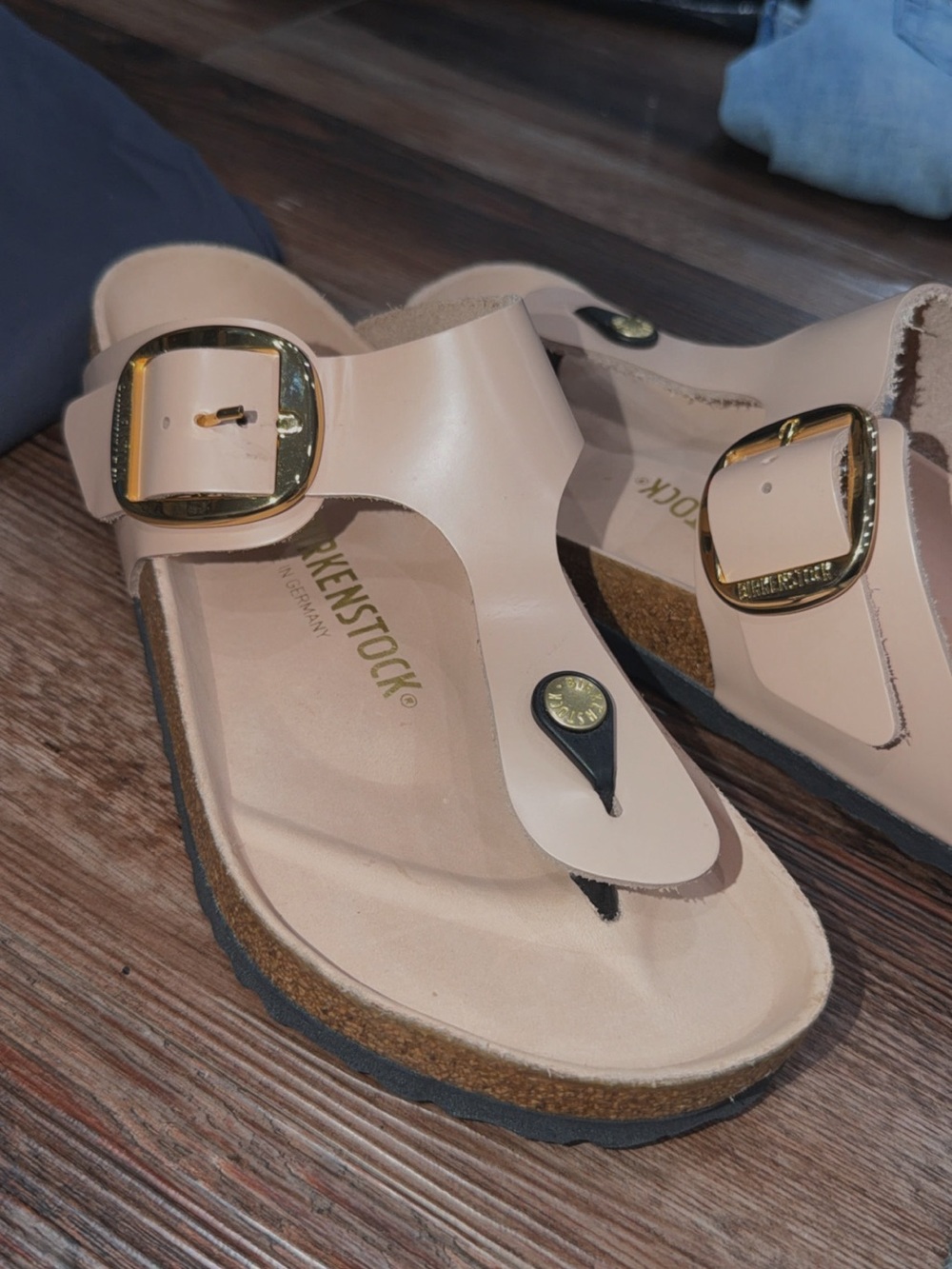 Birkenstock Nude Pink Gizeh Thong Sandal with Gold Buckles